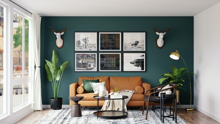 Open-plan living room with a skylight
