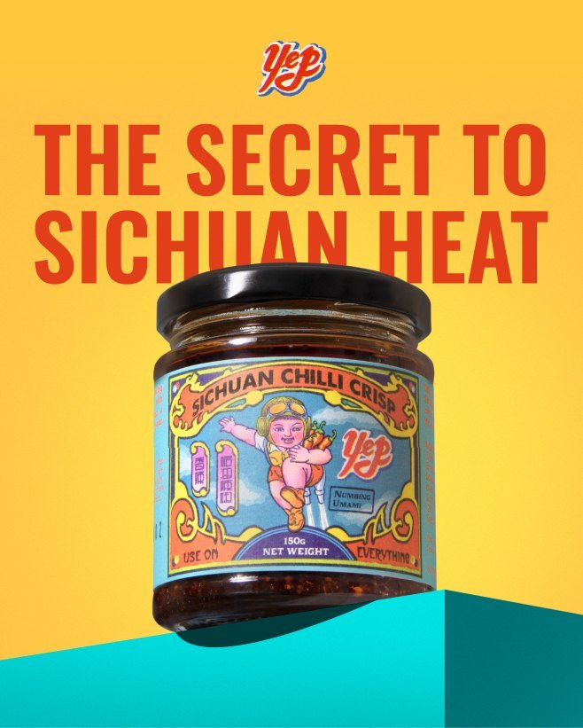 Yep Kitchen — the secret to Sichuan heat. A jar of Sichuan Chilli Crisp on a turquoise plinth
