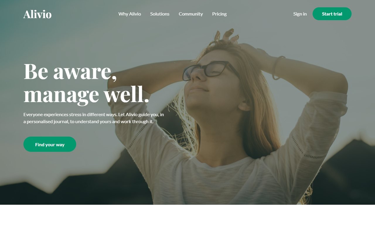 Alivio — лендинг дневника для работы со стрессом — HTML/CSS/JS. Сайт сервиса персональных дневников для работы со стрессом — тревогой, подавленностью, грустью или гневом.