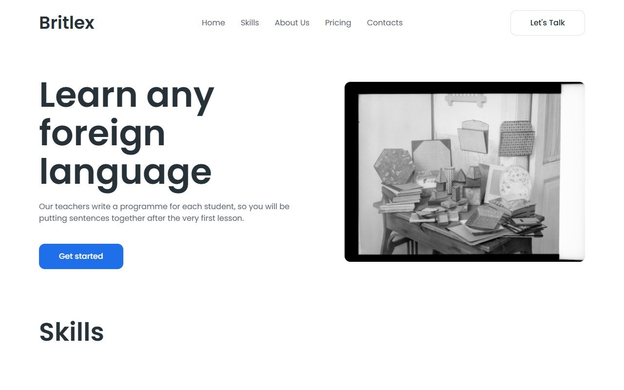 Britlex — онлайн-школа иностранных языков — HTML/CSS/JS. Сайт онлайн-школы иностранных языков, где обучение построено вокруг письма, чтения, устной речи и восприятия на слух.