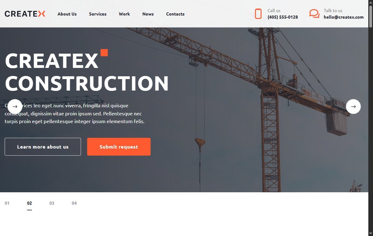 Createx Construction — Corporate Site — HTML/Sass/JS. Pixel-accurate hand-coded landing from a Figma mockup: BEM, semantic markup, Sass architecture, vanilla JS sliders, animated stats and forms.