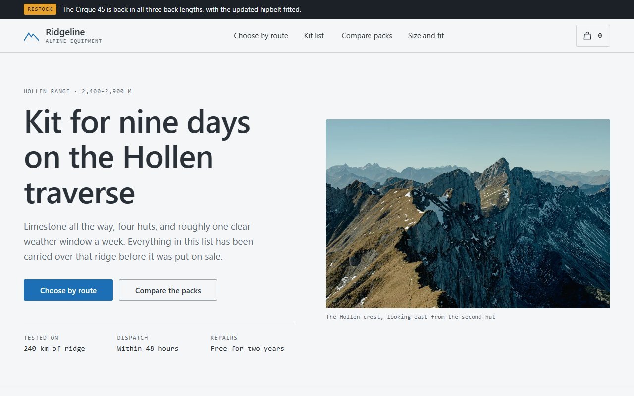 Ridgeline — снаряжение для горных походов — React. Марка снаряжения для многодневных горных маршрутов: рюкзаки, мембранные куртки, ботинки и палки.