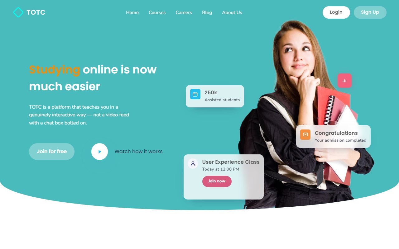 TOTC — платформа для онлайн-школы — HTML/CSS/JS. Сайт облачной платформы для школ и учебных центров: расписание, посещаемость, счета и договоры собраны в одной системе.