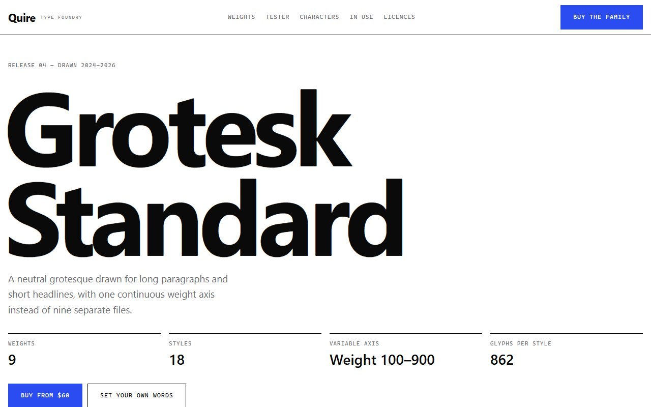 Quire Type Foundry — образец гарнитуры — React. Словолитня представляет гарнитуру Grotesk Standard — гротеск из девяти начертаний на одной оси.
