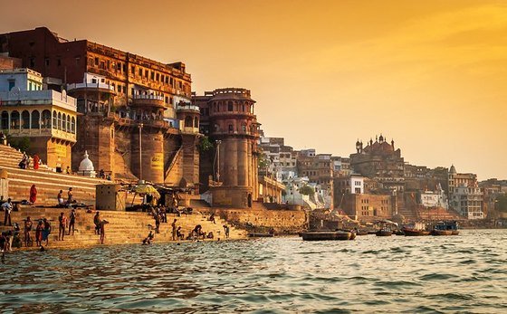 Riverside temples and ghats of Varanasi at sunset