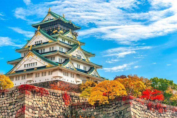 Osaka Castle above autumn trees