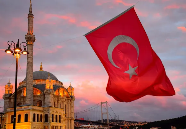 Turkish flag over a hillside above the sea