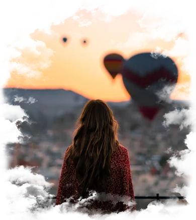 Hot-air balloons over the valleys of Cappadocia at sunrise
